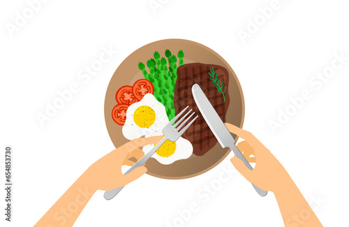 hands holding fork and knife  grilled beef steak fried eggs asparagus  tomatoes branch on plate top view vector illustration