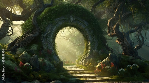 Foto 3D illustration of a vine covered archway in a magical forest with mist on a spr