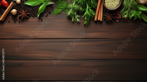 Herbs and spices on wooden ...