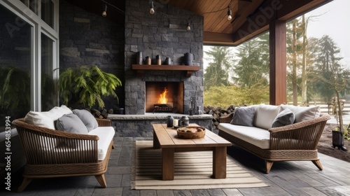 Stone fireplace wicker chairs rustic wood coffee table geometric rug on covered patio in Northwest USA