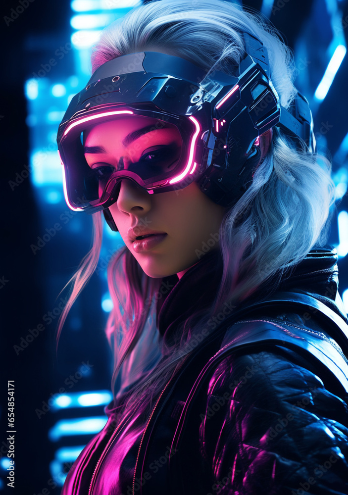 Beautiful woman in futuristic. Girl in glasses of virtual reality. AI concept. VR. Blue, violet neon light. Neon facial portrait. 3d illustration of cyberpunk Beautiful woman in futuristic. Girl in glasses of virtual reality. AI concept. VR. Blue, violet neon light. Neon facial portrait. 3d illustration of cyberpunk
