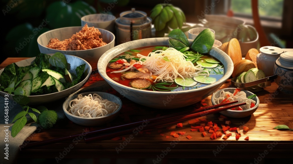 Variety of Asian cuisine featuring Vietnamese favorites pho ga pho bo noodles and spring rolls