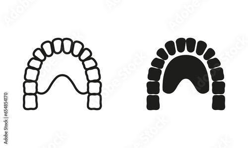 Human Jaw with Teeth and Tongue Silhouette and Line Icons Set. Maxilla, Lower Jaw Pictogram. Jawbone Physiology. Dental Treatment, Dentistry Black Symbol Collection. Isolated Vector Illustration