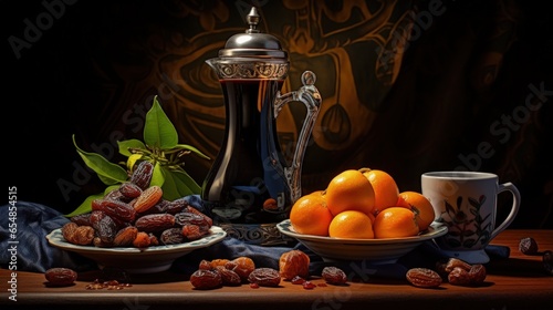 Arabic coffee pot with black coffee and dates photo