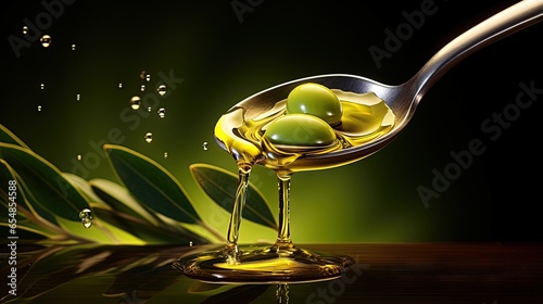 Adding olive oil to a spoon for cooking health and beauty photo