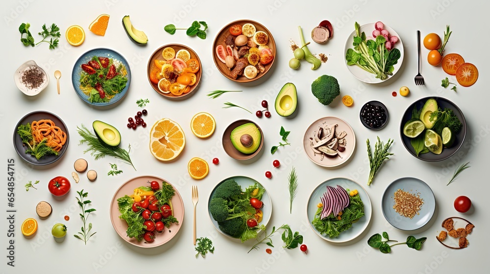 Assorted healthy food for a diet friendly dinner top view Assorted healthy food for a diet friendly dinner top view