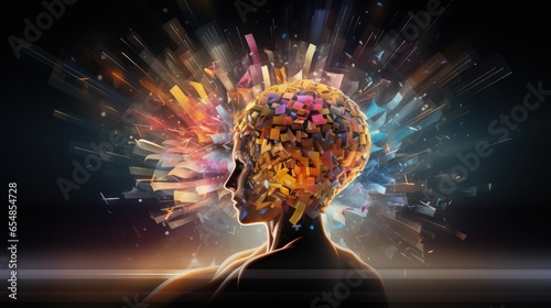 Brain development concept in e learning depicted by abstract pattern of a human head an open book and a computer photo