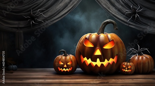 Halloween idea featuring pumpkin skeleton candles spider on cobweb wood backdrop