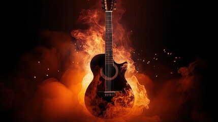 Surreal acoustic guitar with fire effects in a dark background with copy space