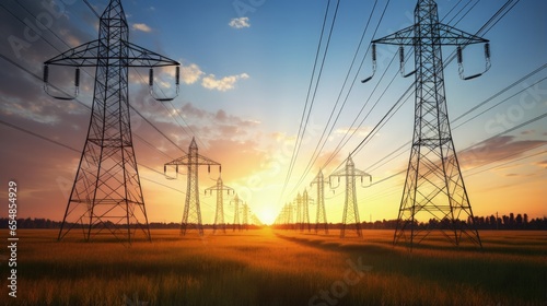 Sunrise solar power concept high voltage pylons transfer sustainable electricity