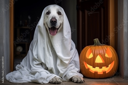A photo of a dog dressed as a ghost for halloween sitting in front of the front door with a pumpkin lantern, halloween celebrations photo