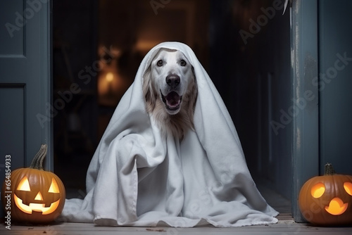 A photo of a dog dressed as a ghost for halloween sitting in front of the front door with a pumpkin lantern, halloween celebrations photo © Ingenious Buddy 
