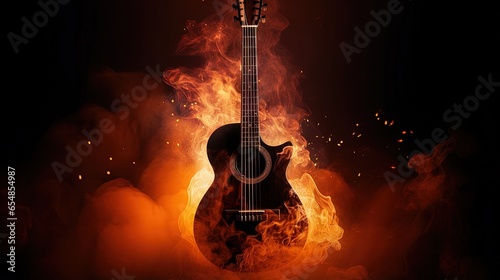 Fototapeta Surreal acoustic guitar with fire effects in a dark background with copy space