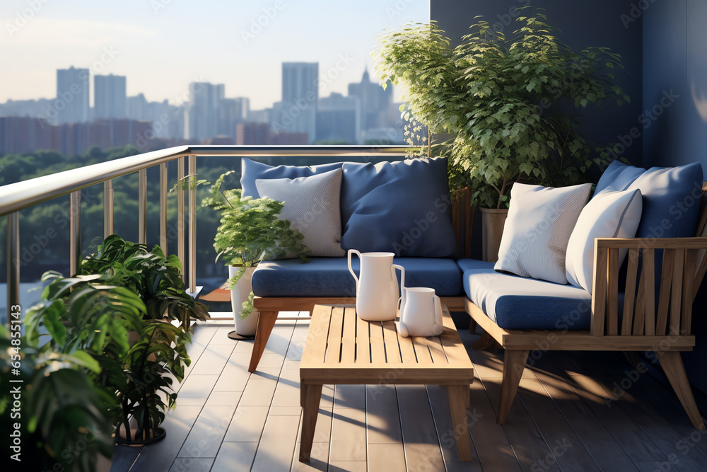 A balcony with a scenic city view and cozy outdoor seating