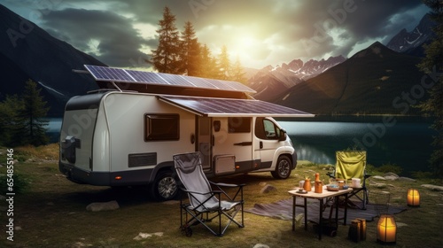 Foto Solar panel charges RV battery enabling camping in nature