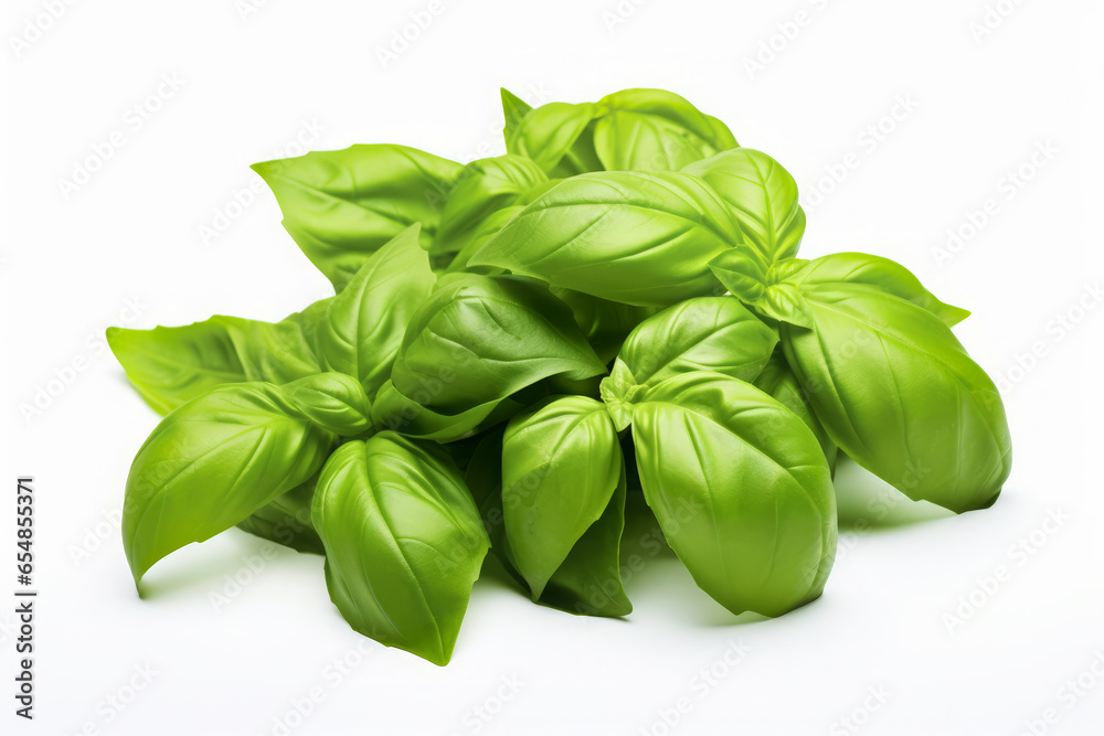 Fresh Green Basil Leaves, Aromatic Basil Herb, Healthy Italian Basilicum on White Background - obrazy, fototapety, plakaty 