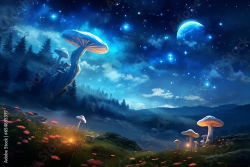 A cluster of azure fungi atop a verdant meadow amid a celestial sky adorned with stars and radiant illumination. Generative AI