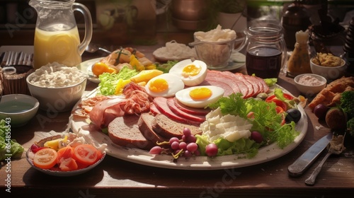 Easter morning meal with various meats salads and eggs