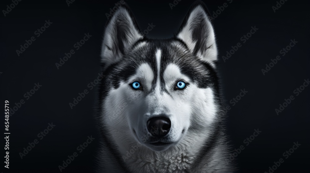 Black background Siberian Husky with blue eyes Copy space for text B W photography Black background Siberian Husky with blue eyes Copy space for text B W photography