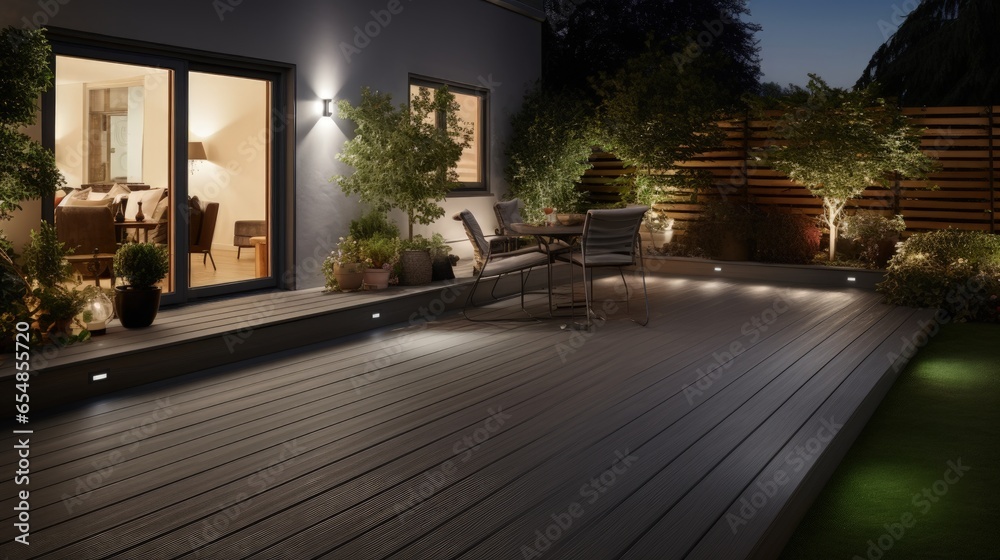 Composite decking in ash grey with two levels deck lights and ideal for a landscape gardener - obrazy, fototapety, plakaty 