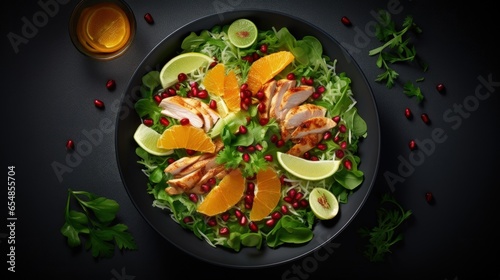 Healthy chicken salad with citrus fruit and pomegranate photographed from above