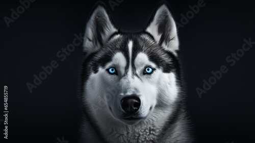 Black background Siberian Husky with blue eyes Copy space for text B W photography