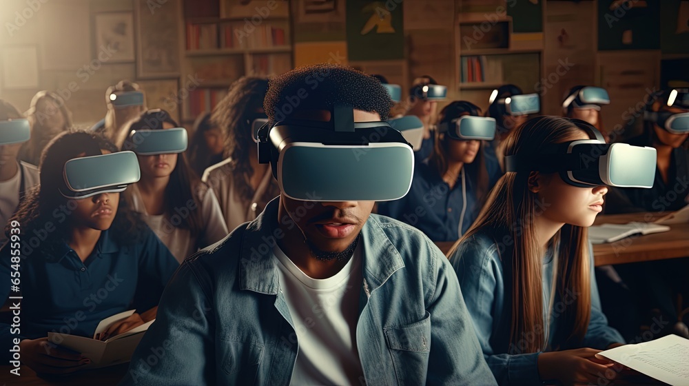 Multiracial students taking exam using virtual reality glasses for educational purposes