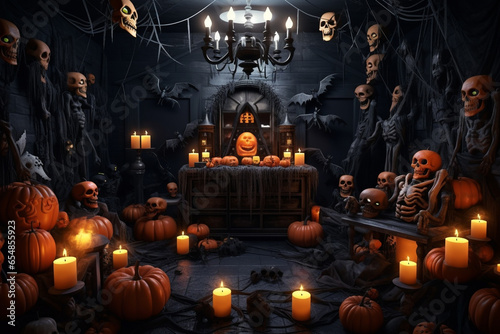 A picture of the inside of a house that is dark and decorated with pumpkins for halloween, halloween celebrations image