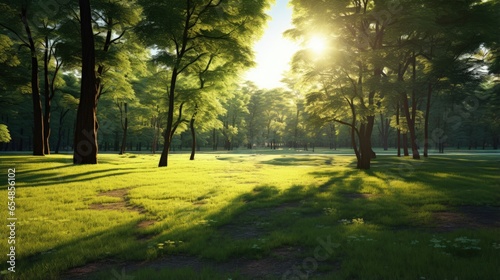 Sunlight illuminates the grass in the park in the morning
