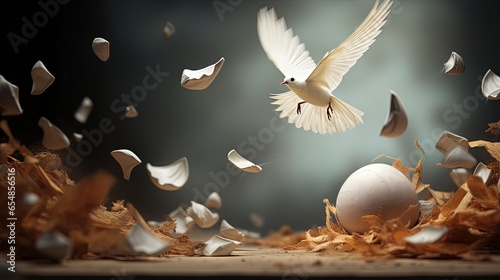 Using the concept of leaving the nest skills develop and groups become ready for opportunities represented by crumpled paper eggs and a flying origami bird embarking on a new journey © vxnaghiyev