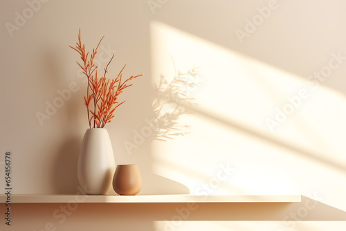 Two vases with a plant sitting on a shelf in a beautifully decorated room