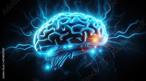 Blue glowing human brain on...