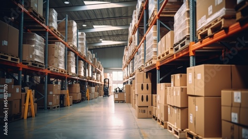 Hazy commercial warehouse with stacked crates and shelves