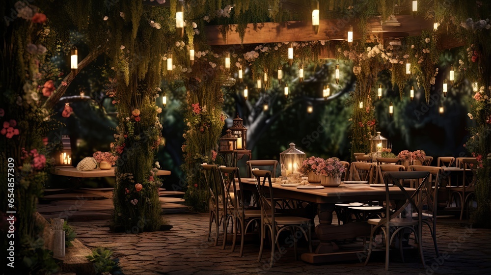 Enchanting garden wedding with rustic tables hanging lights flowers chairs and an open air ceremony