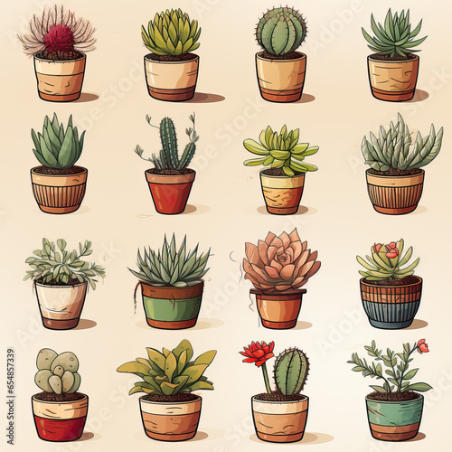 Seamless pattern of Drawn different cacti in vintage style. © Andreas