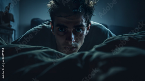 A scared young man on the bed surrounded by the darkness of dawn. Young man with eyes full of fear in anxiety in the night silence. photo