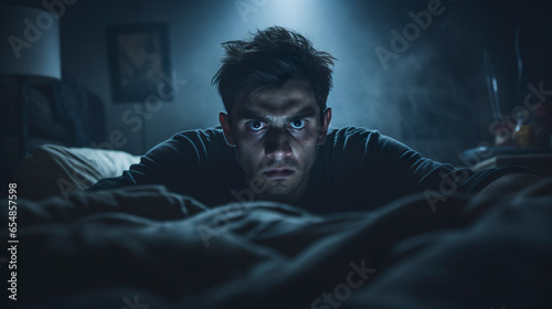 A scared young man on the bed surrounded by the darkness of dawn. Young man with eyes full of fear in anxiety in the night silence.