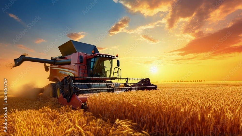 Fototapeta premium Combine harvester working in the picturesque twilight landscape of a wheat field at dawn and dusk