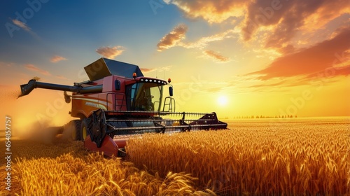 Combine harvester working in the picturesque twilight landscape of a wheat field at dawn and dusk