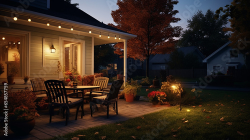 Autumn evening, negligence, beauty of autumn, rest, autumn patio with a house and tree in the sunset rays of the sun