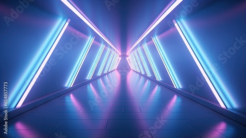 3D render White tunnel with glowing neon arrow signs