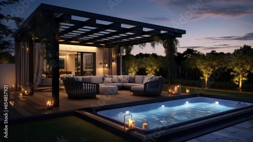 Foto Dusk view of a bioclimatic pergola with a black iron frame glass blades jacuzzi