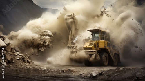 Excavating vehicles loading stones in dusty quarry