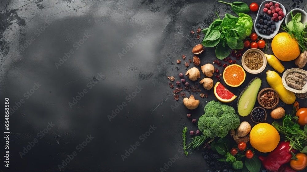 Healthy food choices include fruits seeds cereals superfoods vegetables and leafy greens against a stone background Ideal for human consumption - obrazy, fototapety, plakaty 