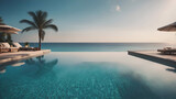  a serene evening scene at a hotel pool overlooking the mesmerizing sea