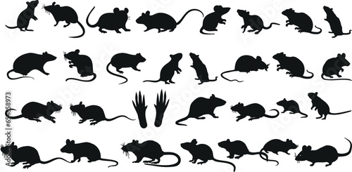 Rat Silhouettes Vector Illustration featuring a collection of rat silhouettes in various poses. Perfect for pest control, Halloween, or Chinese New Year designs.
