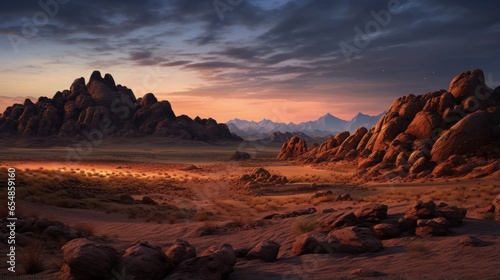 Rocky desert landscape seen at dusk