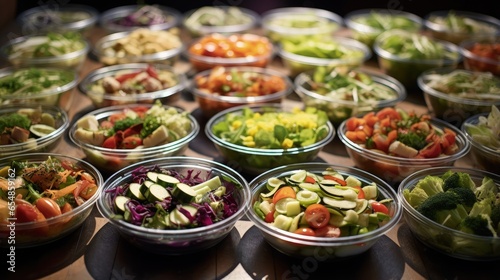 Arranged salads on buffet with receding perspective