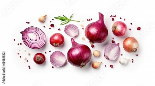 Fototapeta Naklejka Na Ścianę i Meble -  Top view of red onions garlic and spices arranged diagonally on a white background