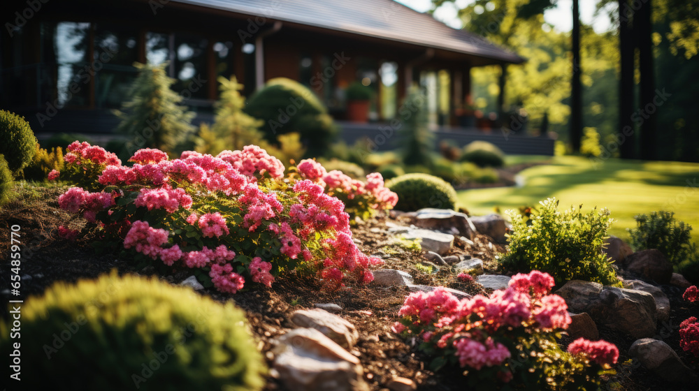 Landscape design with flower beds in home garden, beautiful landscaping in residential house backyard. Scenic view of beautiful landscaped garden, scenery of luxury backyard in summer. Nature theme. Landscape design with flower beds in home garden, beautiful landscaping in residential house backyard. Scenic view of beautiful landscaped garden, scenery of luxury backyard in summer. Nature theme.